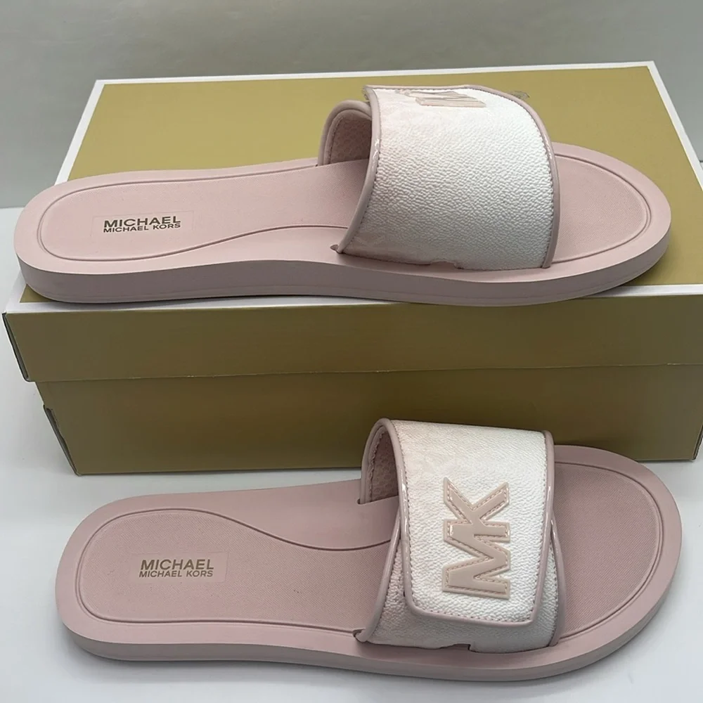 Michael Kors Slide Logo Sandals Palmer Ombré Signature Powder Blush Multi  NWT